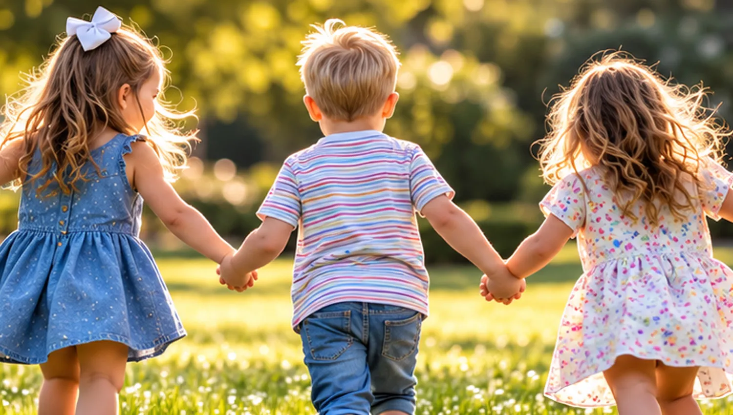 Three children holding hands and running across the grass