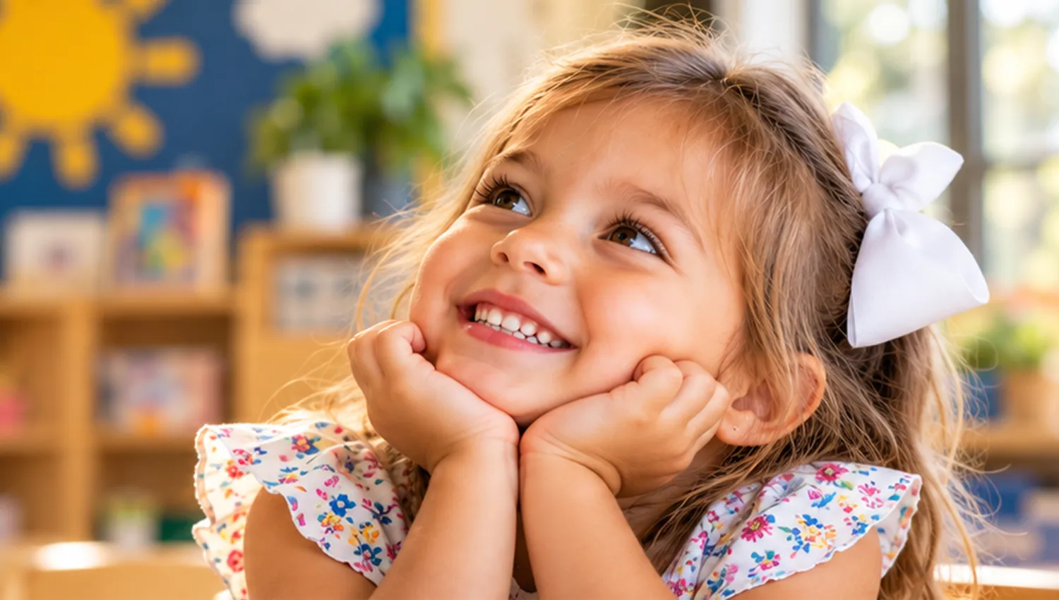 A smiling girl with a white bow resting her chin on her hands