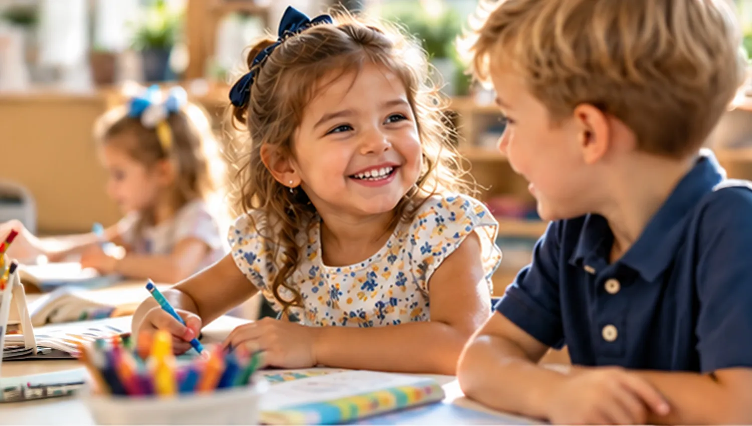 Children coloring together at a classroom table